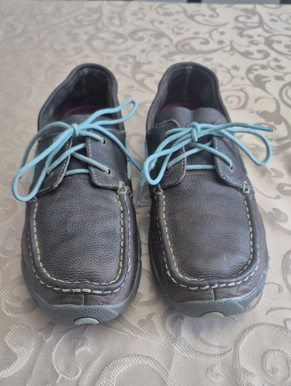Twisted X Women's Brown Leather Boat Shoes with Light Blue Laces